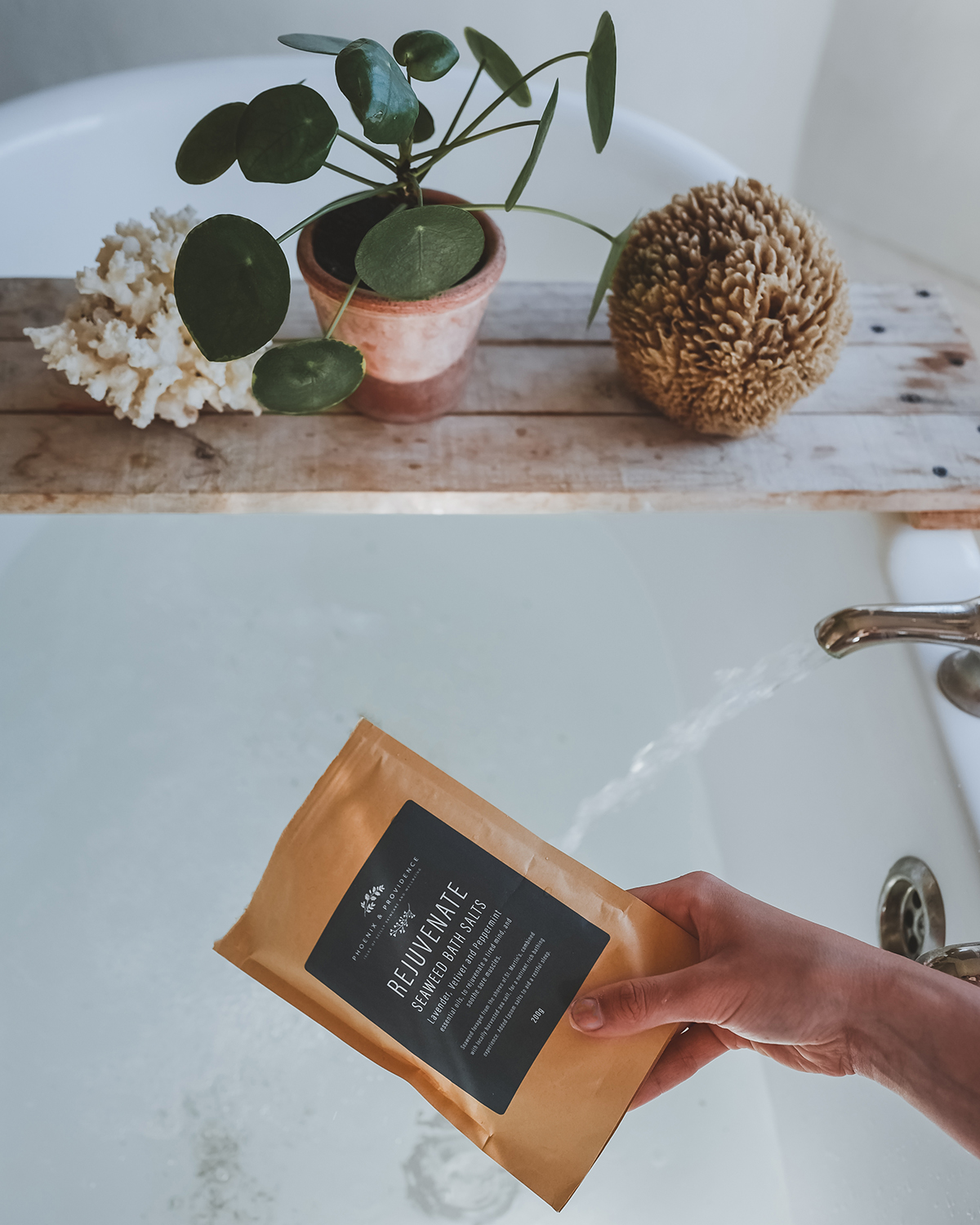 Rejuvenate seaweed bath salt by Phoenix & Providence in bathroom.